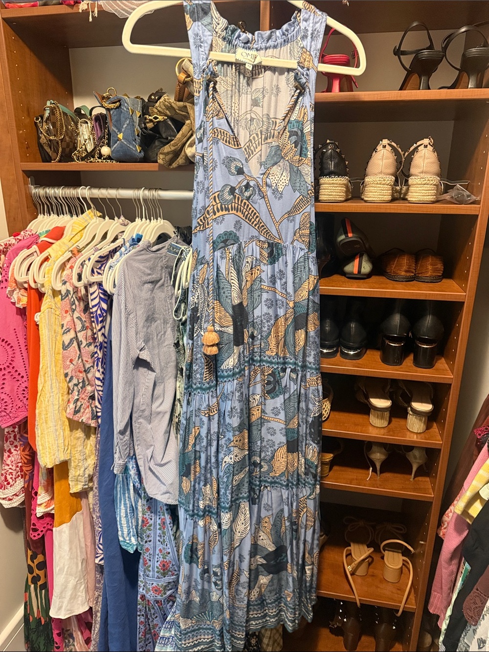 Boho Blue Printed Tiered Maxi Dress with Tassel Tie